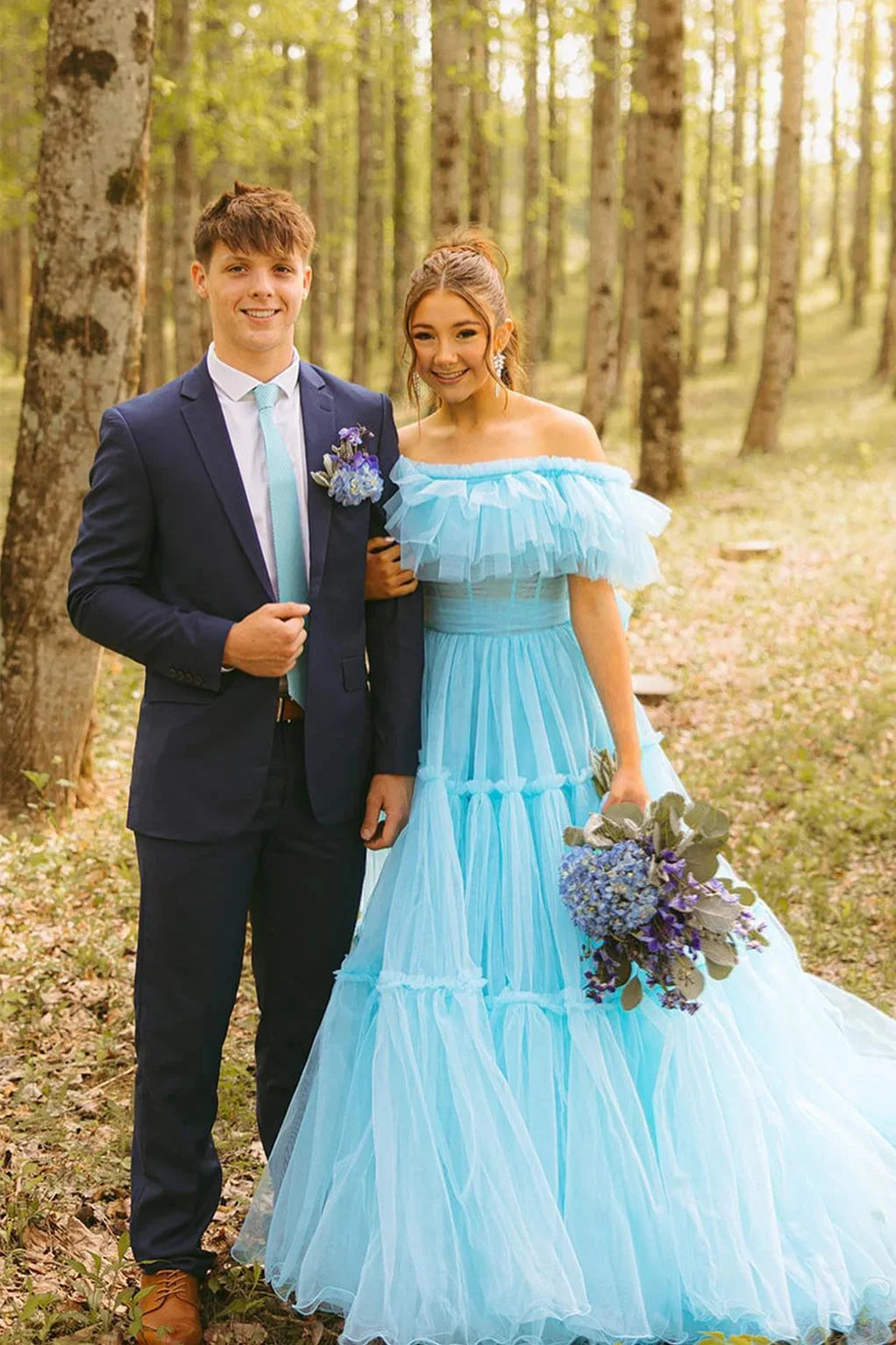 Romantic Off-Shoulder Ruffled Tulle Ball Gown Prom Dress by JiMiss Dresses