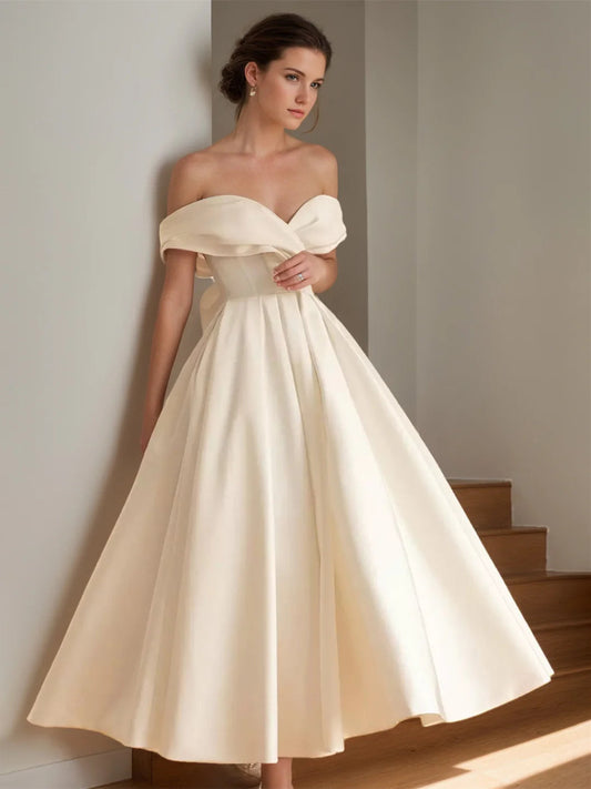 Romantic Off-Shoulder Sweetheart Neck Satin Tea-Length Wedding Dress with Oversized Back Bow