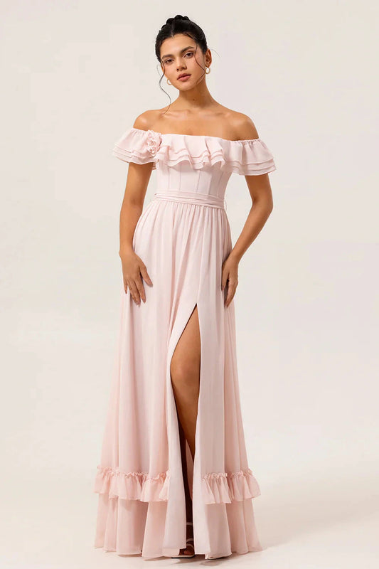 Romantic Off-the-Shoulder Evening Dress with Corset Bodice and Ruffle Trim Maxi Skirt