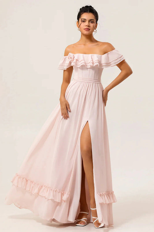 Romantic Off-the-Shoulder Evening Dress with Corset Bodice and Ruffle Trim Maxi Skirt