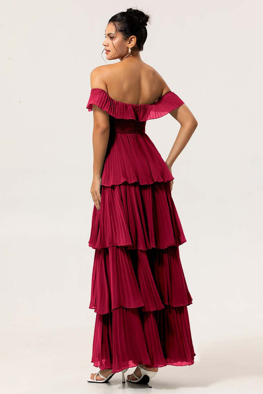 Romantic Off-the-Shoulder Evening Dress with Ruffle Trim and Tiered Pleated Chiffon Skirt