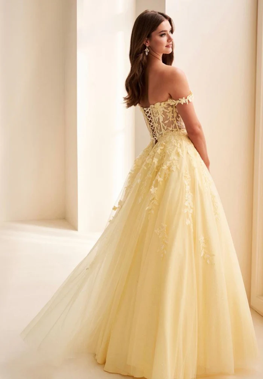 Romantic Off-the-Shoulder Lace Corset Tulle Floral Applique Lace-Up Back Ball Dress Prom Dress