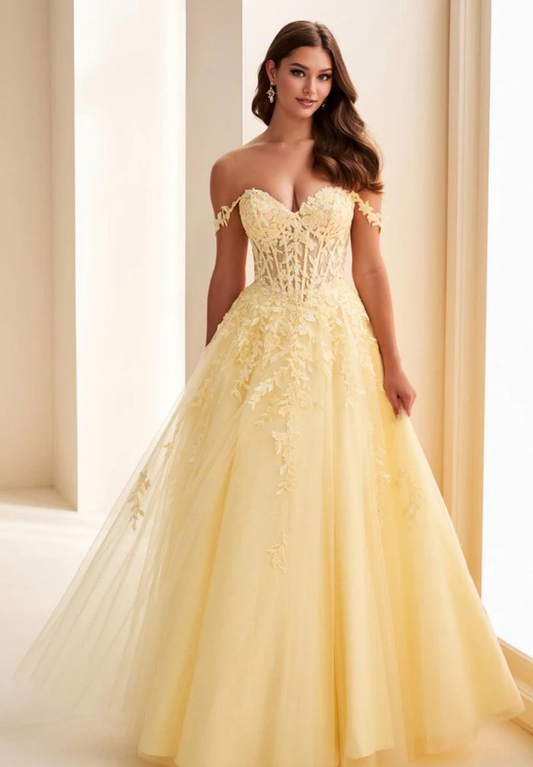 Romantic Off-the-Shoulder Lace Corset Tulle Floral Applique Lace-Up Back Ball Dress Prom Dress