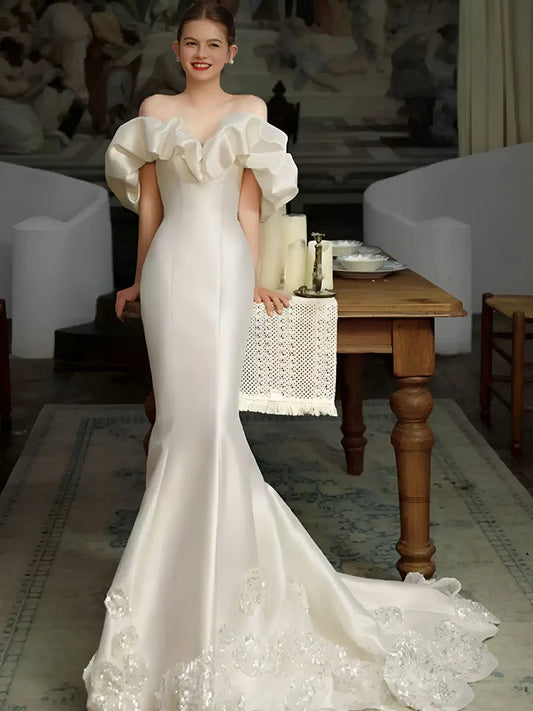 Romantic Off-the-Shoulder Oversized Ruffle Satin Mermaid Wedding Dress with Beaded Train & Low Back