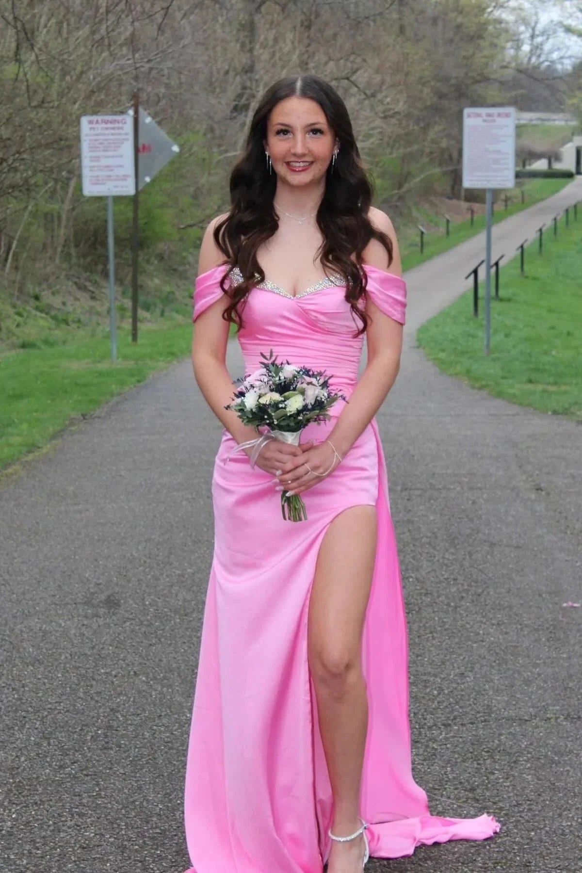 Romantic Off-the-Shoulder Sweetheart Rhinestone Trim Ruched Satin Mermaid Prom Dress with High Slit & Train by JiMiss Dresses