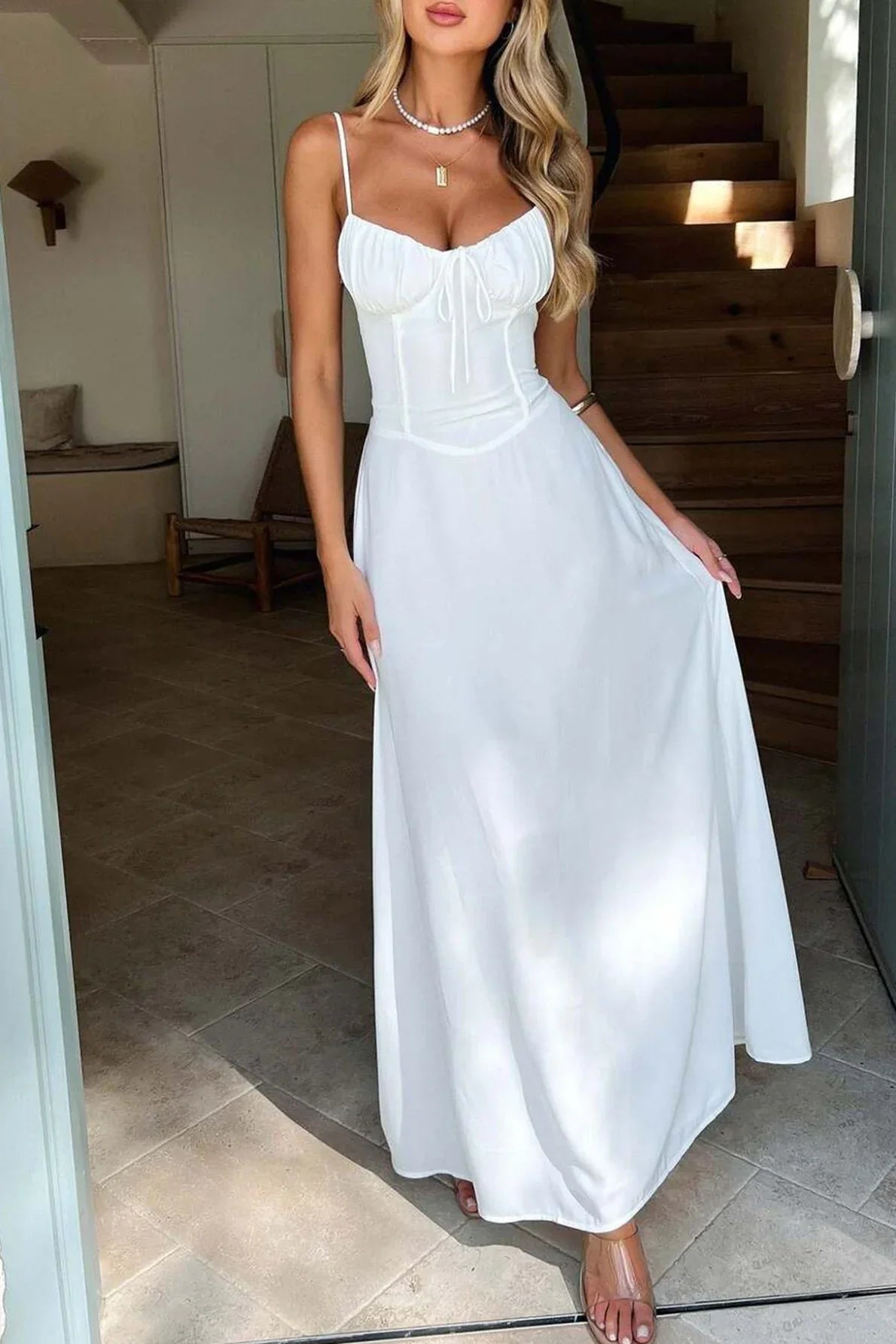 Romantic Ruched Bust Evening Dresses with Spaghetti Straps, Lace-Up Back and Flowing Maxi Skirt Formal Gown by LANQI DRESS