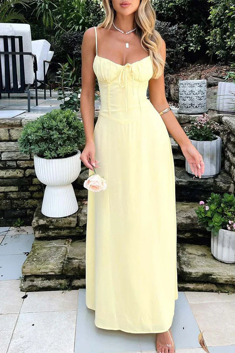 Romantic Ruched Bust Evening Dresses with Spaghetti Straps, Lace-Up Back and Flowing Maxi Skirt Formal Gown by LANQI DRESS