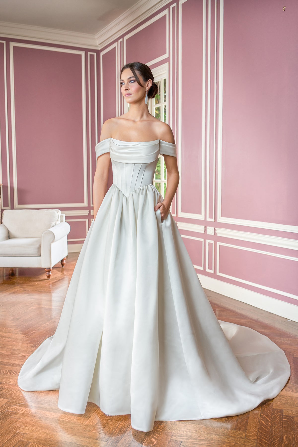 Romantic Satin Ballgown Off-the-Shoulder Cowl-Neck Corset-Bodice Low-Back Train Wedding Dress