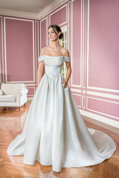Romantic Satin Ballgown Off-the-Shoulder Cowl-Neck Corset-Bodice Low-Back Train Wedding Dress by YiHuiw