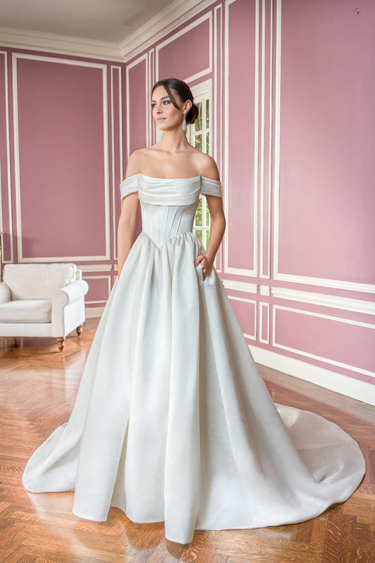 Romantic Satin Ballgown Off-the-Shoulder Cowl-Neck Corset-Bodice Low-Back Train Wedding Dress by YiHuiw