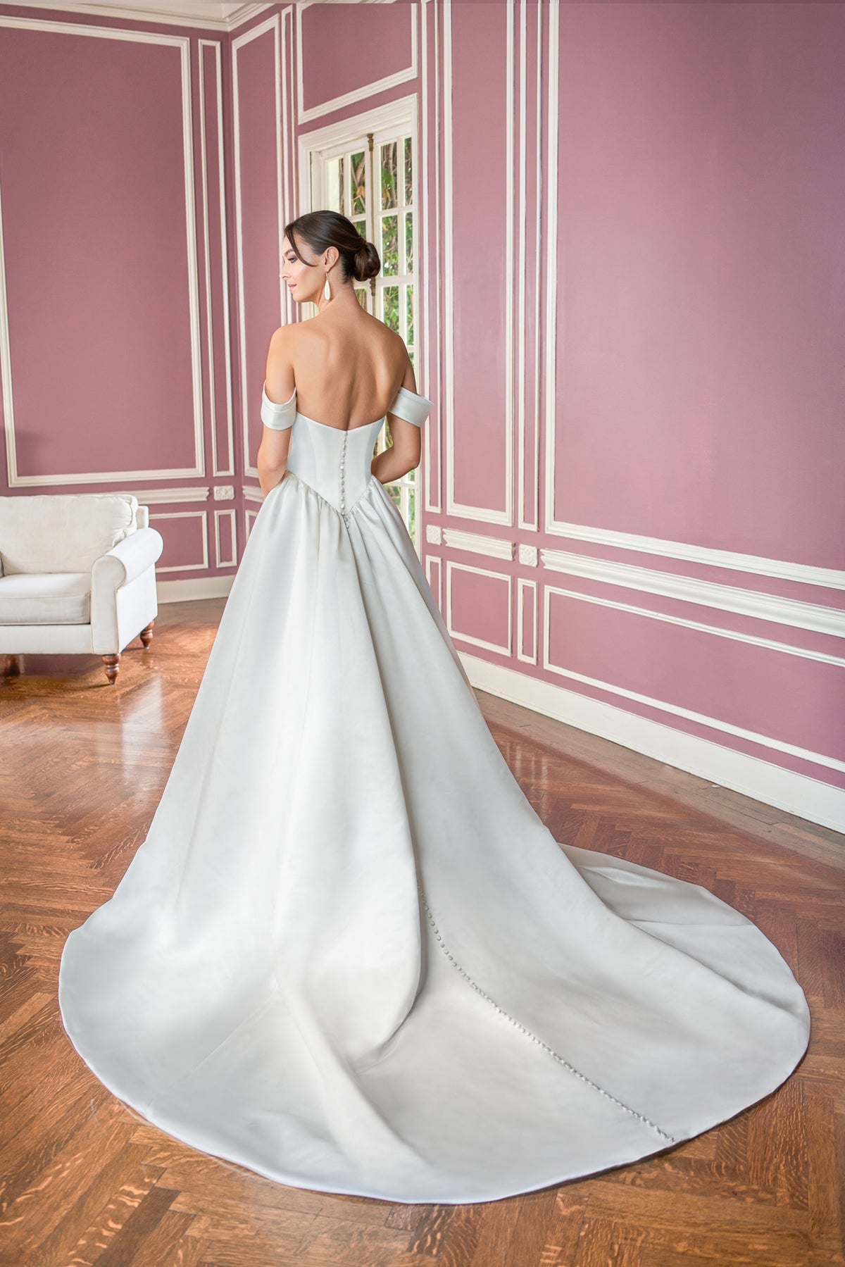 Romantic Satin Ballgown Off-the-Shoulder Cowl-Neck Corset-Bodice Low-Back Train Wedding Dress by YiHuiw