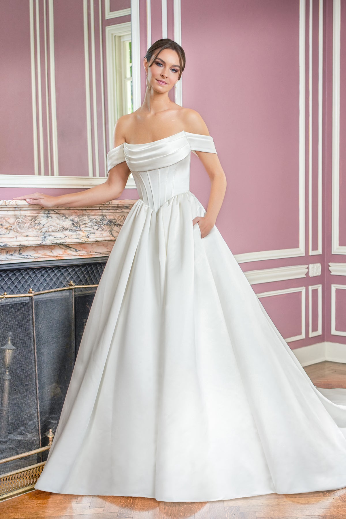 Romantic Satin Ballgown Off-the-Shoulder Cowl-Neck Corset-Bodice Low-Back Train Wedding Dress