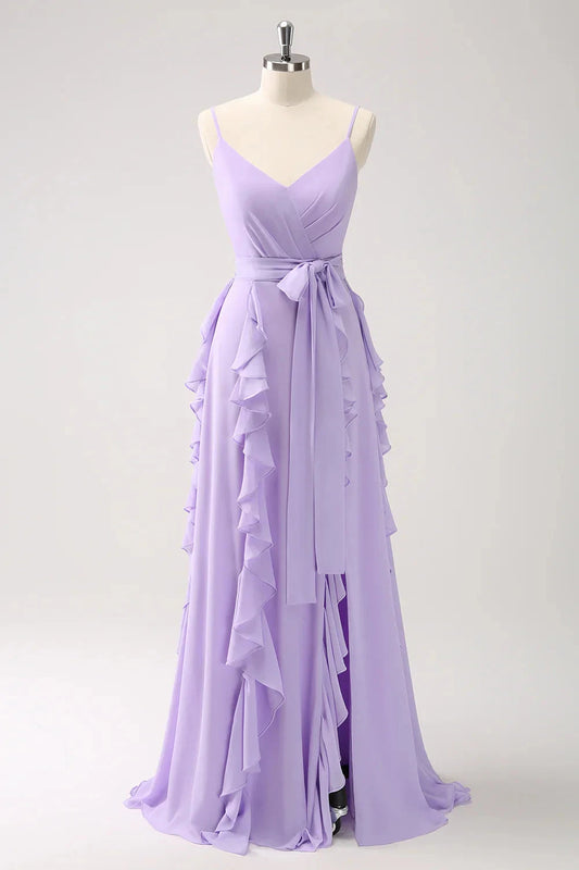 Romantic Spaghetti Strap Evening Dress with Cascading Ruffles and Waist Sash Tie