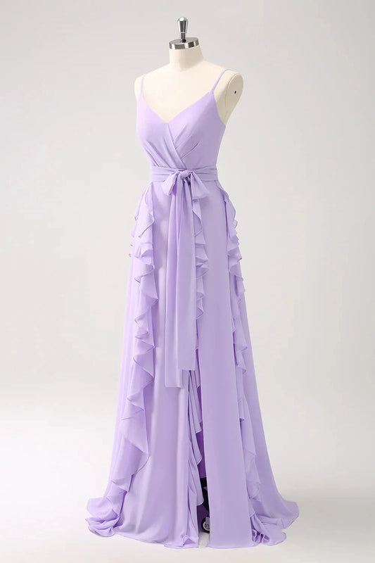 Romantic Spaghetti Strap Evening Dress with Cascading Ruffles and Waist Sash Tie