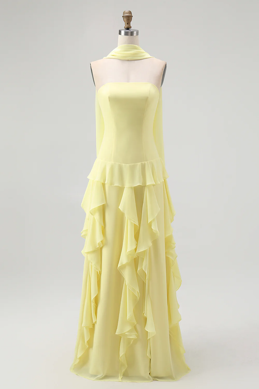 Elegant Strapless Evening Dress with Sheer Cape Overlay and Cascading Ruffle Skirt