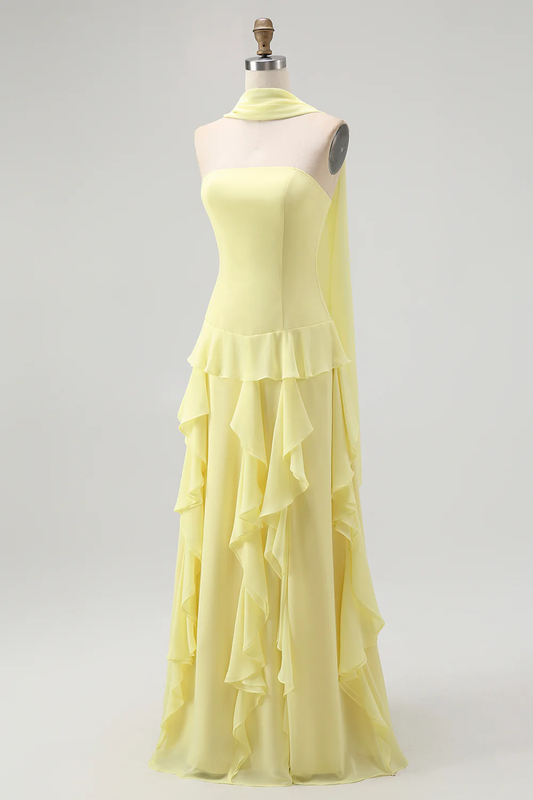 Elegant Strapless Evening Dress with Sheer Cape Overlay and Cascading Ruffle Skirt