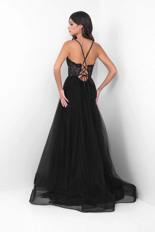 Romantic Spaghetti Strap Lace Corset Tulle High Slit Lace-Up Back A-Line Prom Dress