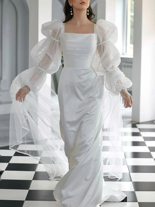 Romantic Square Neck Satin Mermaid Wedding Dress with Sheer Puff Sleeves & Lace-Up Back