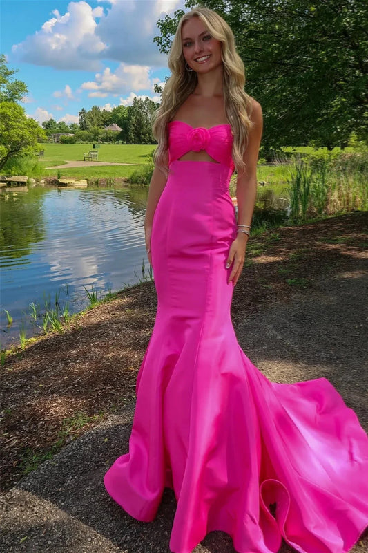 Romantic Strapless Sweetheart Fuchsia Satin Mermaid Prom Dress with Floral Detail & Cutout Bodice by JiMiss Dresses