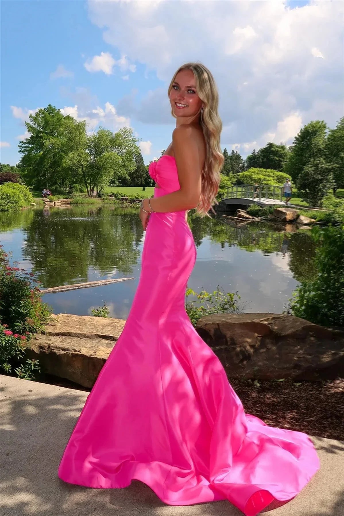 Romantic Strapless Sweetheart Fuchsia Satin Mermaid Prom Dress with Floral Detail & Cutout Bodice by JiMiss Dresses