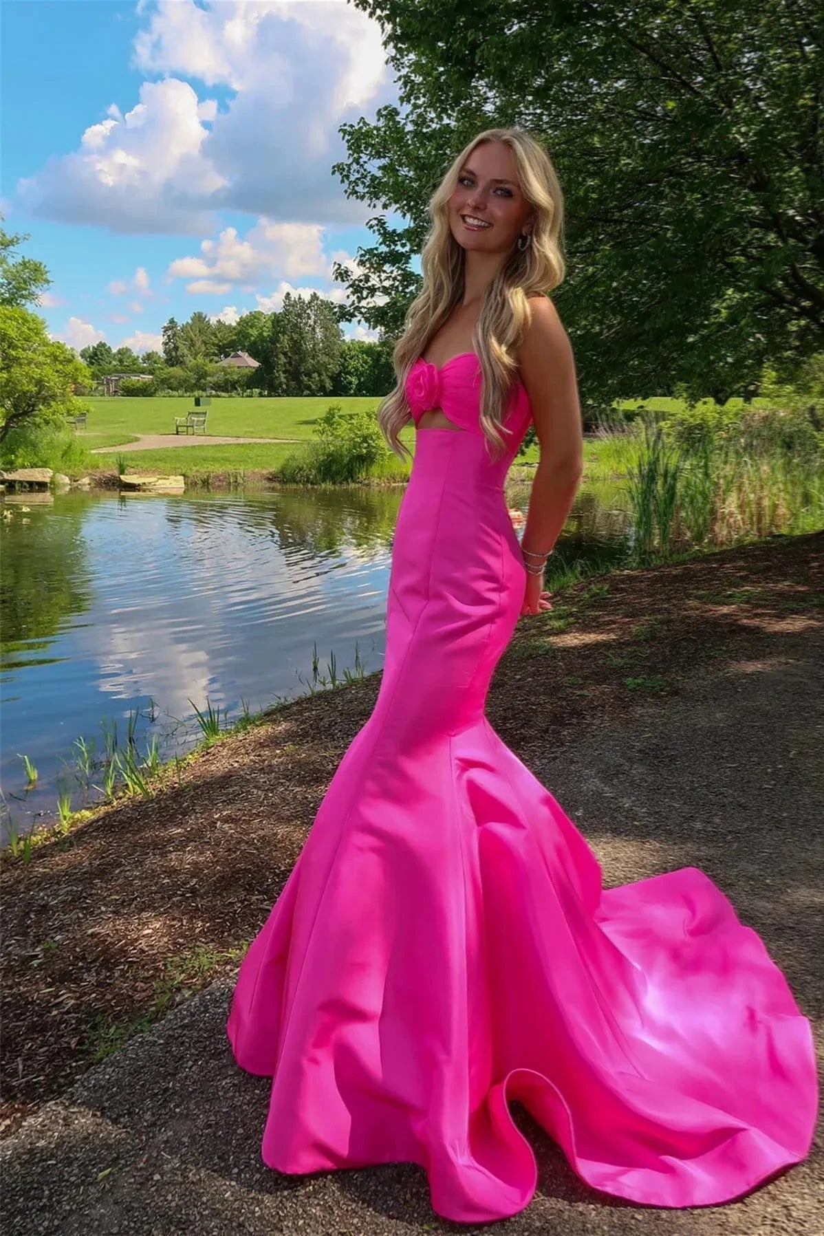 Romantic Strapless Sweetheart Fuchsia Satin Mermaid Prom Dress with Floral Detail & Cutout Bodice by JiMiss Dresses