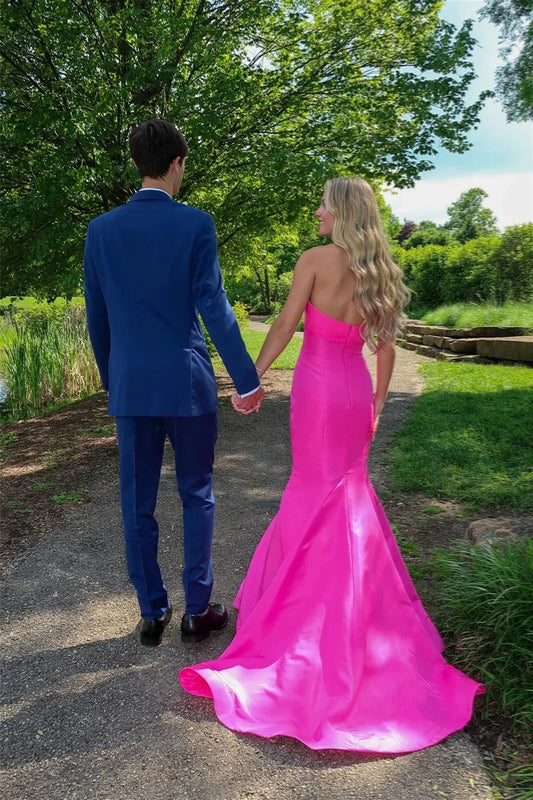 Romantic Strapless Sweetheart Fuchsia Satin Mermaid Prom Dress with Floral Detail & Cutout Bodice by JiMiss Dresses