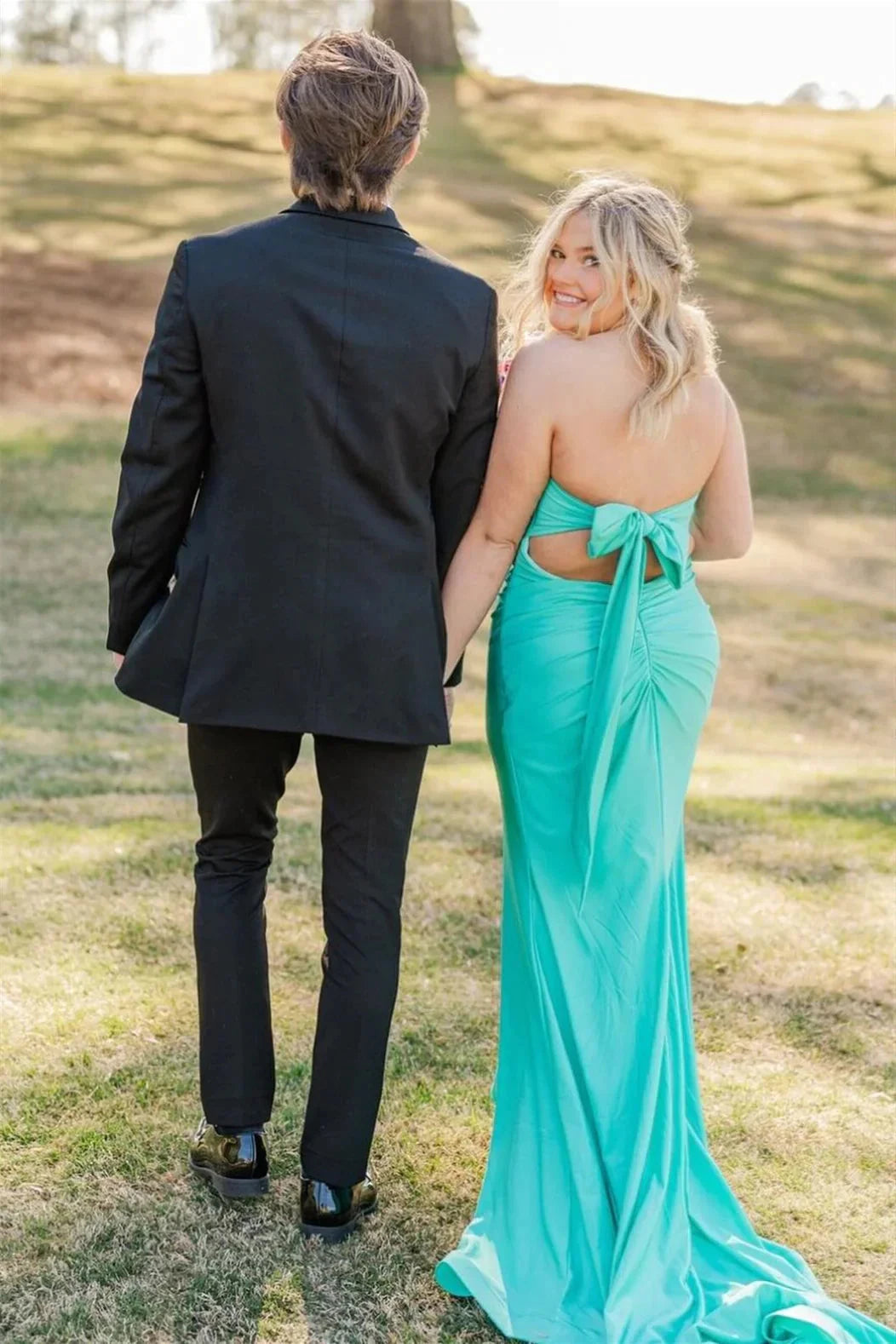 Romantic Strapless Sweetheart Neck Jersey Mermaid Prom Dress with Back Bow Tie & High Side Slit by JiMiss Dresses