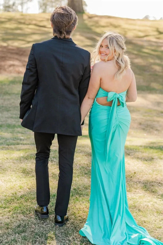 Romantic Strapless Sweetheart Neck Jersey Mermaid Prom Dress with Back Bow Tie & High Side Slit by JiMiss Dresses