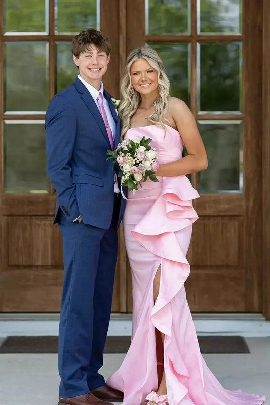 Romantic Strapless Sweetheart Ruffled Satin Mermaid Prom Dress with High Slit & Train by JiMiss Dresses
