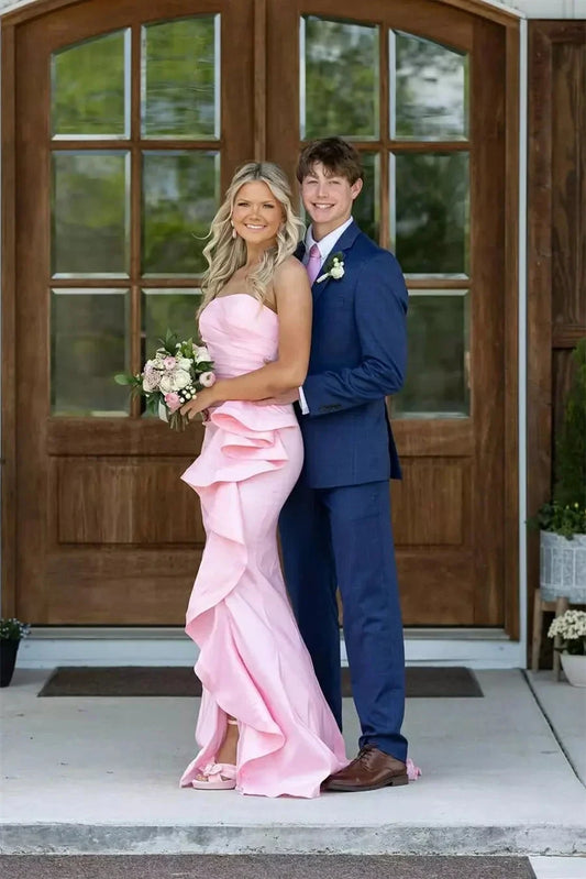 Romantic Strapless Sweetheart Ruffled Satin Mermaid Prom Dress with High Slit & Train by JiMiss Dresses