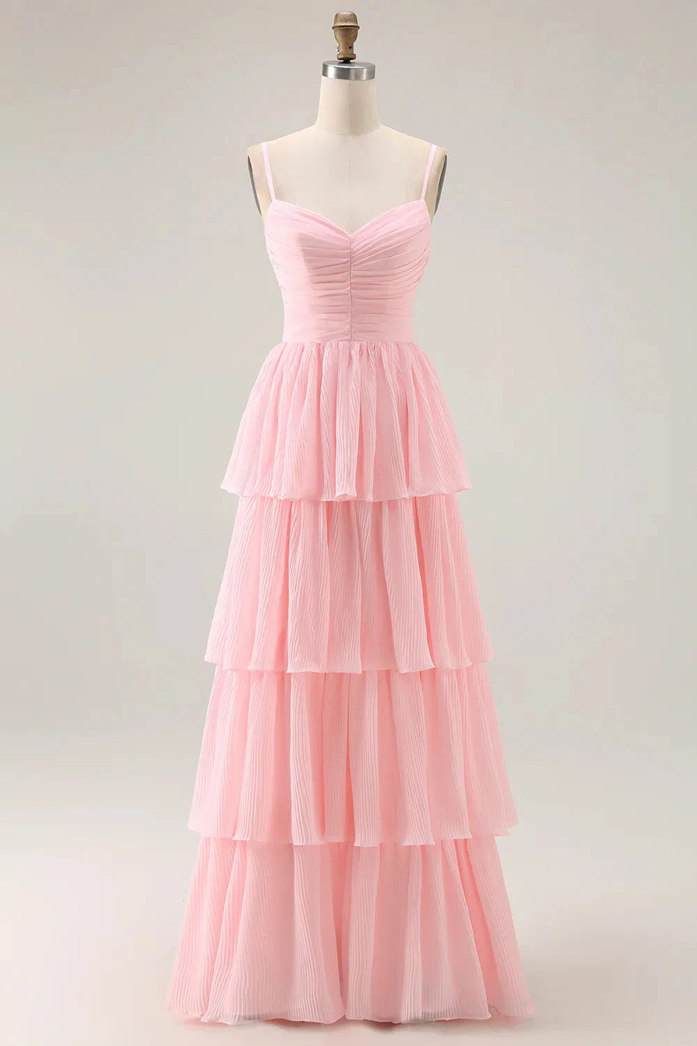 Romantic Sweet Flowy A-Line V Neck Adjustable Spaghetti Strap Ruched Waist Tiered Pleated Floor-Length Chiffon Evening Dress by LANQI DRESS