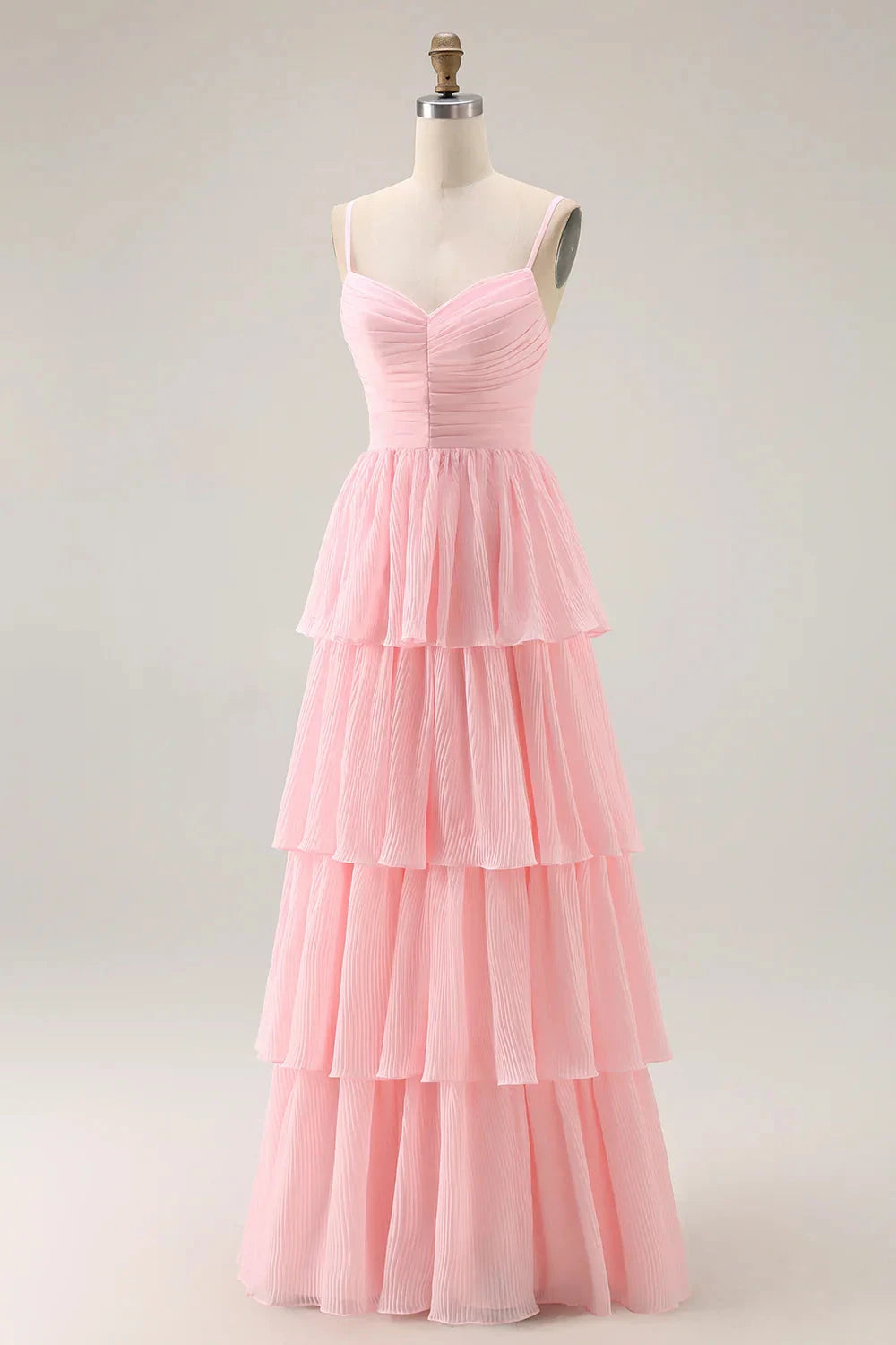 Romantic Sweet Flowy A-Line V Neck Adjustable Spaghetti Strap Ruched Waist Tiered Pleated Floor-Length Chiffon Evening Dress by LANQI DRESS