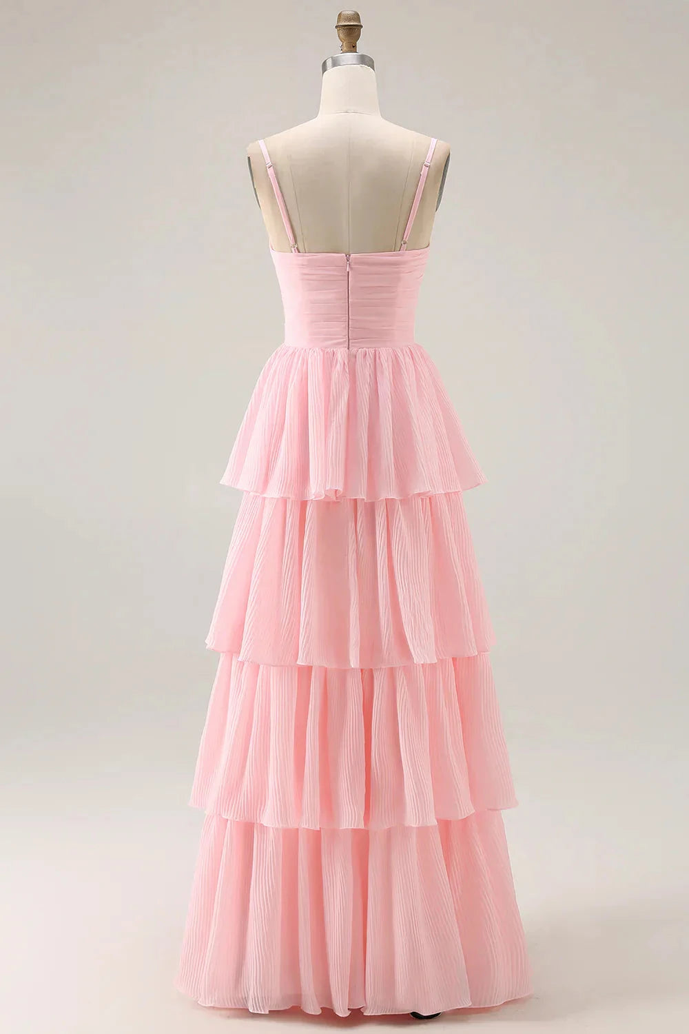 Romantic Sweet Flowy A-Line V Neck Adjustable Spaghetti Strap Ruched Waist Tiered Pleated Floor-Length Chiffon Evening Dress by LANQI DRESS