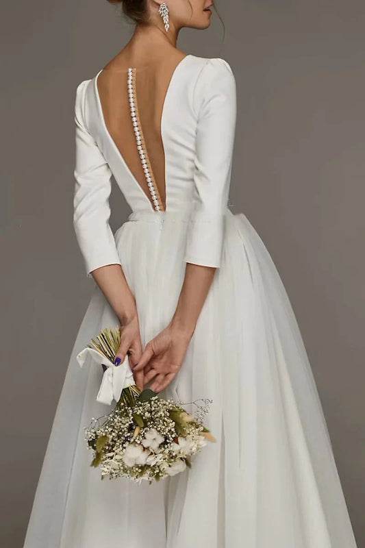 Romantic Tea-Length Wedding Dress with Pleated Tulle Skirt & Beaded Waistband by YiHuiw