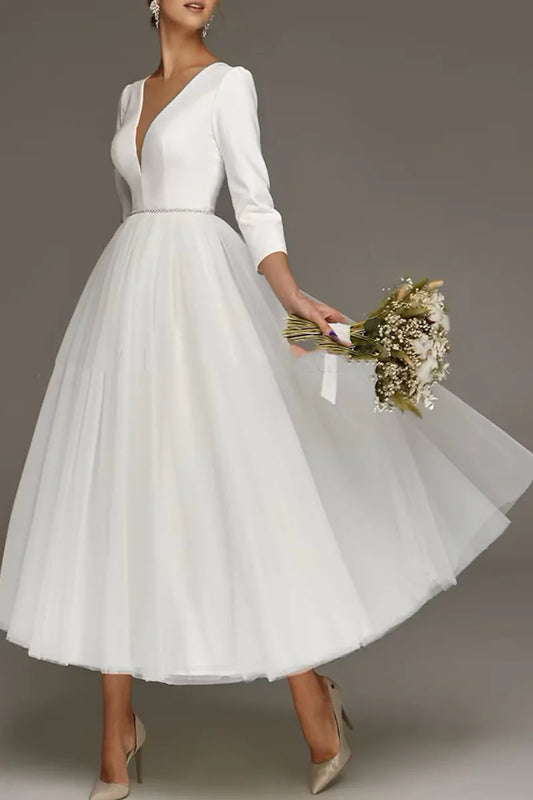 Romantic Tea-Length Wedding Dress with Pleated Tulle Skirt & Beaded Waistband