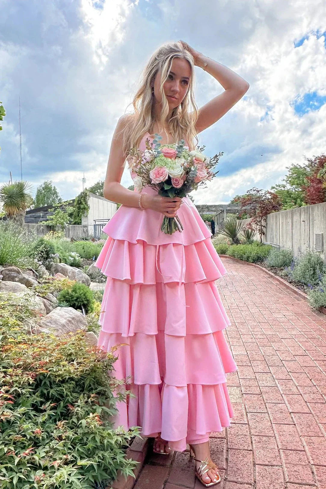 Romantic Tiered Ruffle V-Neck Sleeveless Open Back Floor-Length Prom Dress by JiMiss Dresses