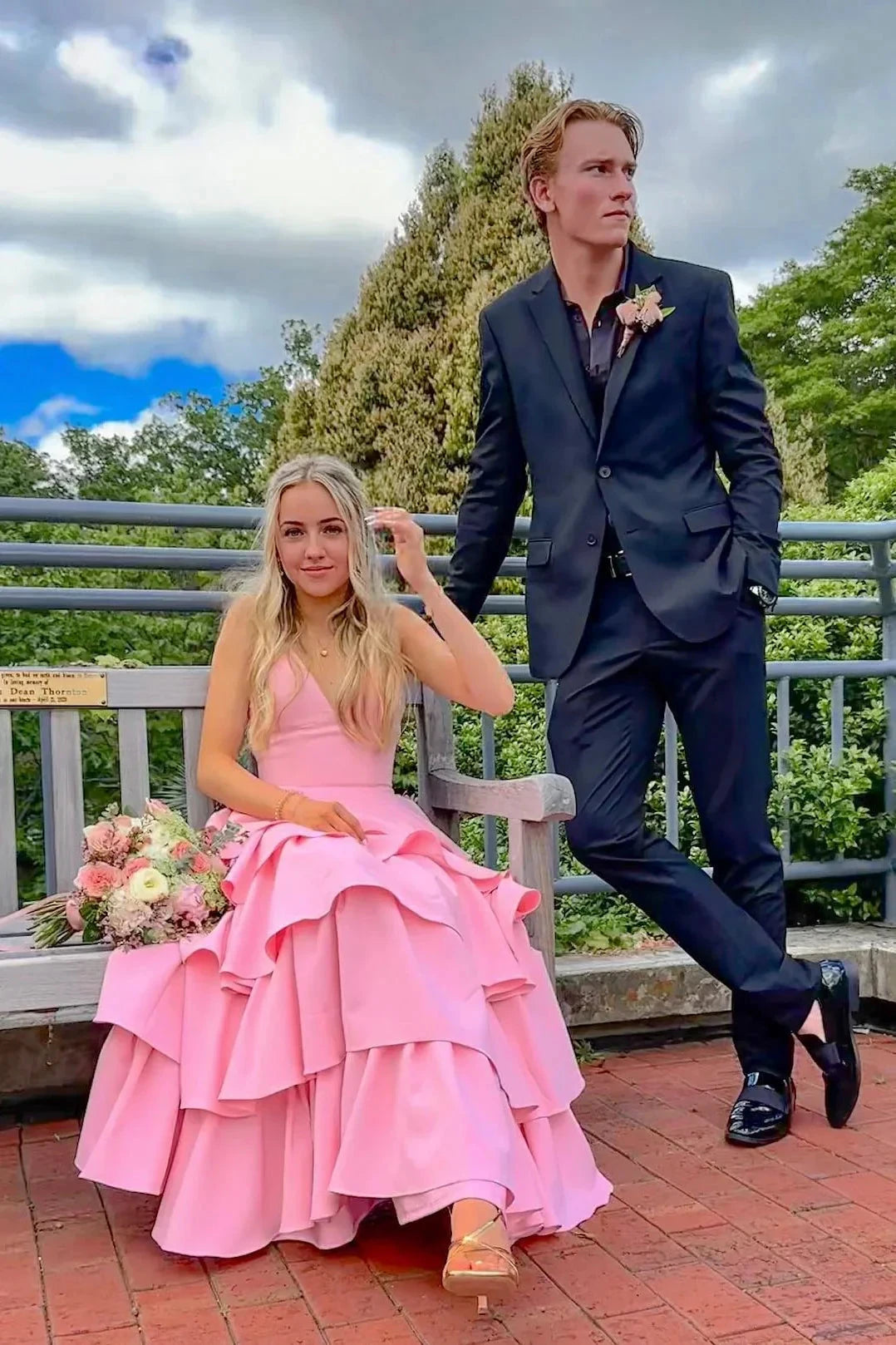 Romantic Tiered Ruffle V-Neck Sleeveless Open Back Floor-Length Prom Dress by JiMiss Dresses