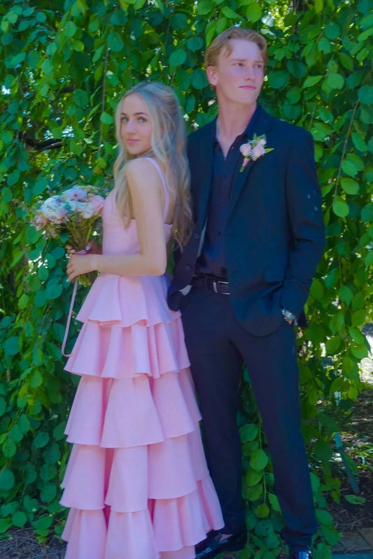 Romantic Tiered Ruffle V-Neck Sleeveless Open Back Floor-Length Prom Dress by JiMiss Dresses