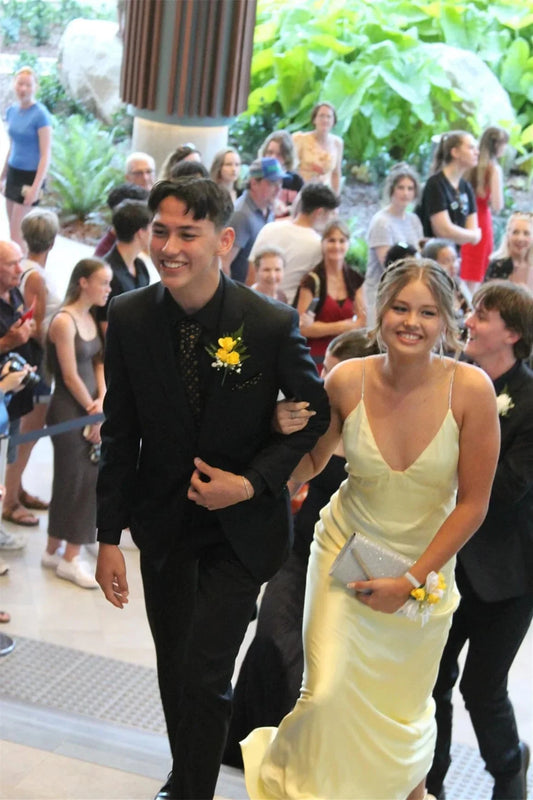 Romantic V-Neck Lemon Yellow Satin Mermaid Prom Dress with Low Open Back & Adjustable Spaghetti Straps by JiMiss Dresses