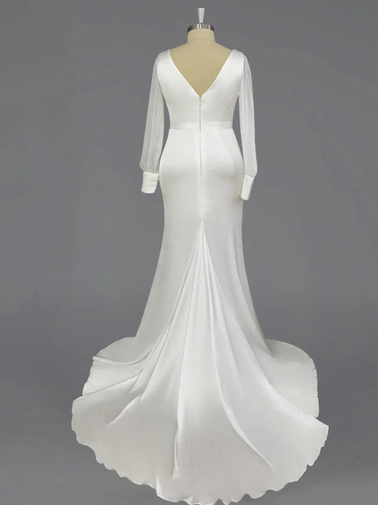 Romantic V-Neck Satin Mermaid Wedding Dress with Sheer Bishop Sleeves & Cathedral Train