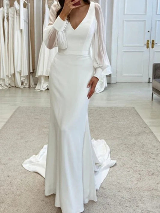 Romantic V-Neck Satin Mermaid Wedding Dress with Sheer Bishop Sleeves & Cathedral Train