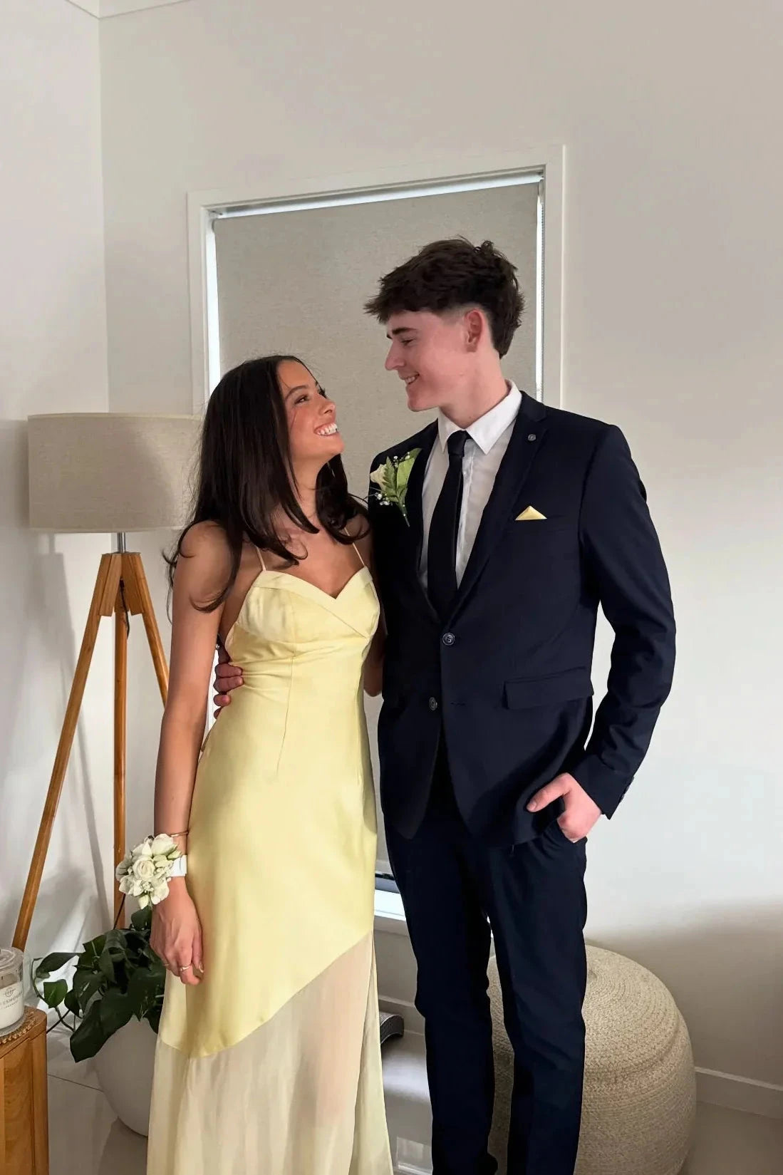 Romantic V-Neck Spaghetti Strap Satin & Chiffon Prom Dress with High Slit & Open Tie-Back in Lemon Yellow by JiMiss Dresses