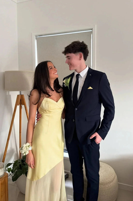 Romantic V-Neck Spaghetti Strap Satin & Chiffon Prom Dress with High Slit & Open Tie-Back in Lemon Yellow by JiMiss Dresses