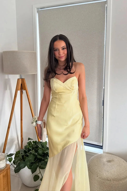 Romantic V-Neck Spaghetti Strap Satin & Chiffon Prom Dress with High Slit & Open Tie-Back in Lemon Yellow by JiMiss Dresses