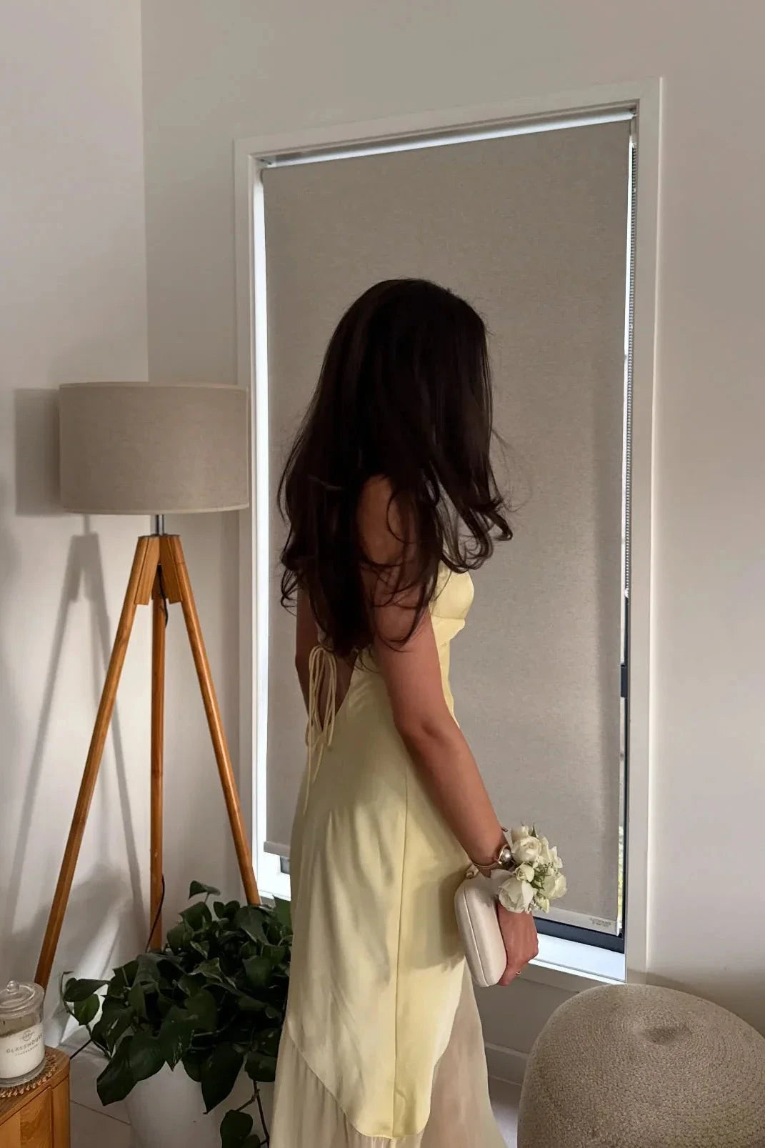 Romantic V-Neck Spaghetti Strap Satin & Chiffon Prom Dress with High Slit & Open Tie-Back in Lemon Yellow by JiMiss Dresses