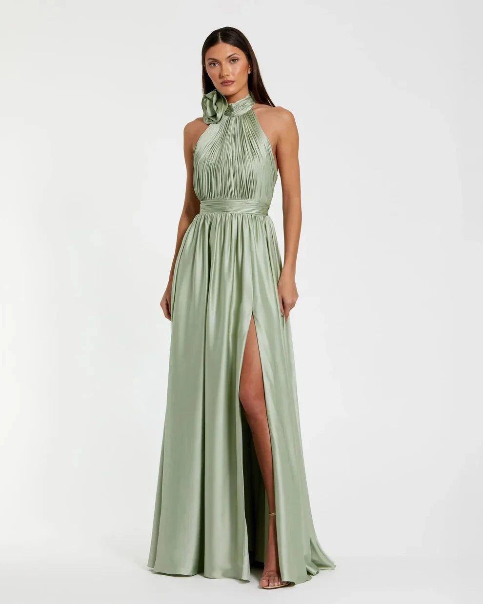Romantic Voluminous Halter Neck Sleeveless Open Back Satin Maxi Evening Dress by LANQI DRESS