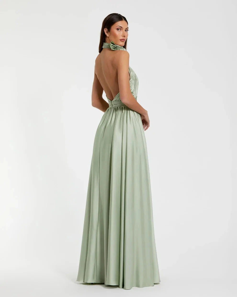 Romantic Voluminous Halter Neck Sleeveless Open Back Satin Maxi Evening Dress by LANQI DRESS