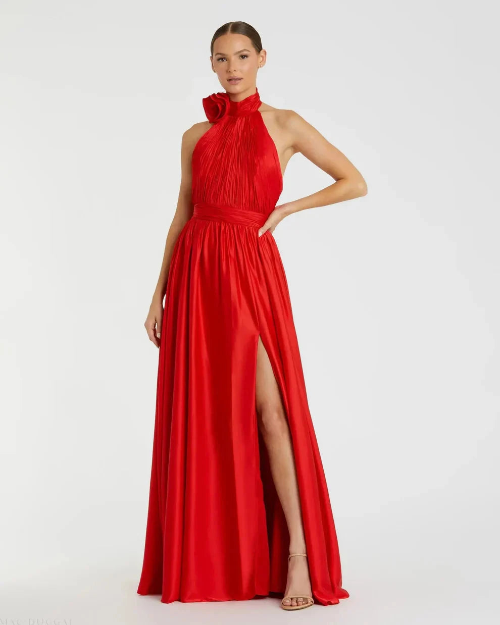 Romantic Voluminous Halter Neck Sleeveless Open Back Satin Maxi Evening Dress by LANQI DRESS