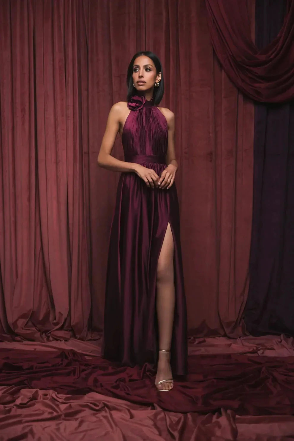 Romantic Voluminous Halter Neck Sleeveless Open Back Satin Maxi Evening Dress by LANQI DRESS