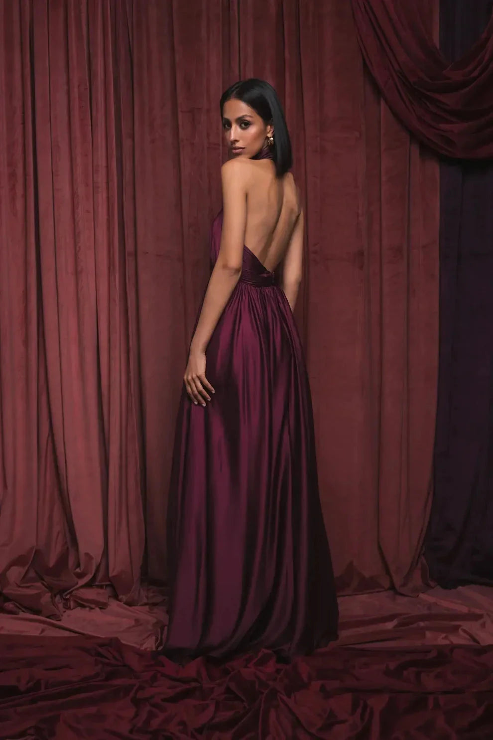 Romantic Voluminous Halter Neck Sleeveless Open Back Satin Maxi Evening Dress by LANQI DRESS